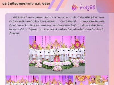 เมื่อวันศุกร์ที่ ๒๒ พฤษภาคม ๒๕๖๙ เวลา ๐๙.๓๐ น. นายจิตติ ตันเสนีย์ ผู้อำนวยการสำนักตรวจเงินแผ่นดินจังหวัดแม่ฮ่องสอน ร่วมบันทึกเทปถวายพระพรชัยมงคล เนื่องในโอกาสวันเฉลิมพระชนมพรรษา สมเด็จพระนางเจ้าสุทิดา พัชรสุธาพิมลลักษณ พระบรมราชินี ๓ มิถุนายน ณ ห้องแสดงส่วนบริหารกิจการโทรทัศน์ภาคเหนือ จังหวัดเชียงใหม่