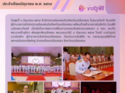 วันพุธที่ ๓ มิถุนายน ๒๕๖๙ สำนักตรวจเงินแผ่นดินจังหวัดแม่ฮ่องสอน โดยนายจิตติ ตันเสนีย์ ผู้อำนวยการสำนักตรวจเงินแผ่นดินจังหวัดแม่ฮ่องสอน พร้อมด้วยข้าราชการในสังกัด ร่วมพิธีเฉลิมพระเกียรติฯ